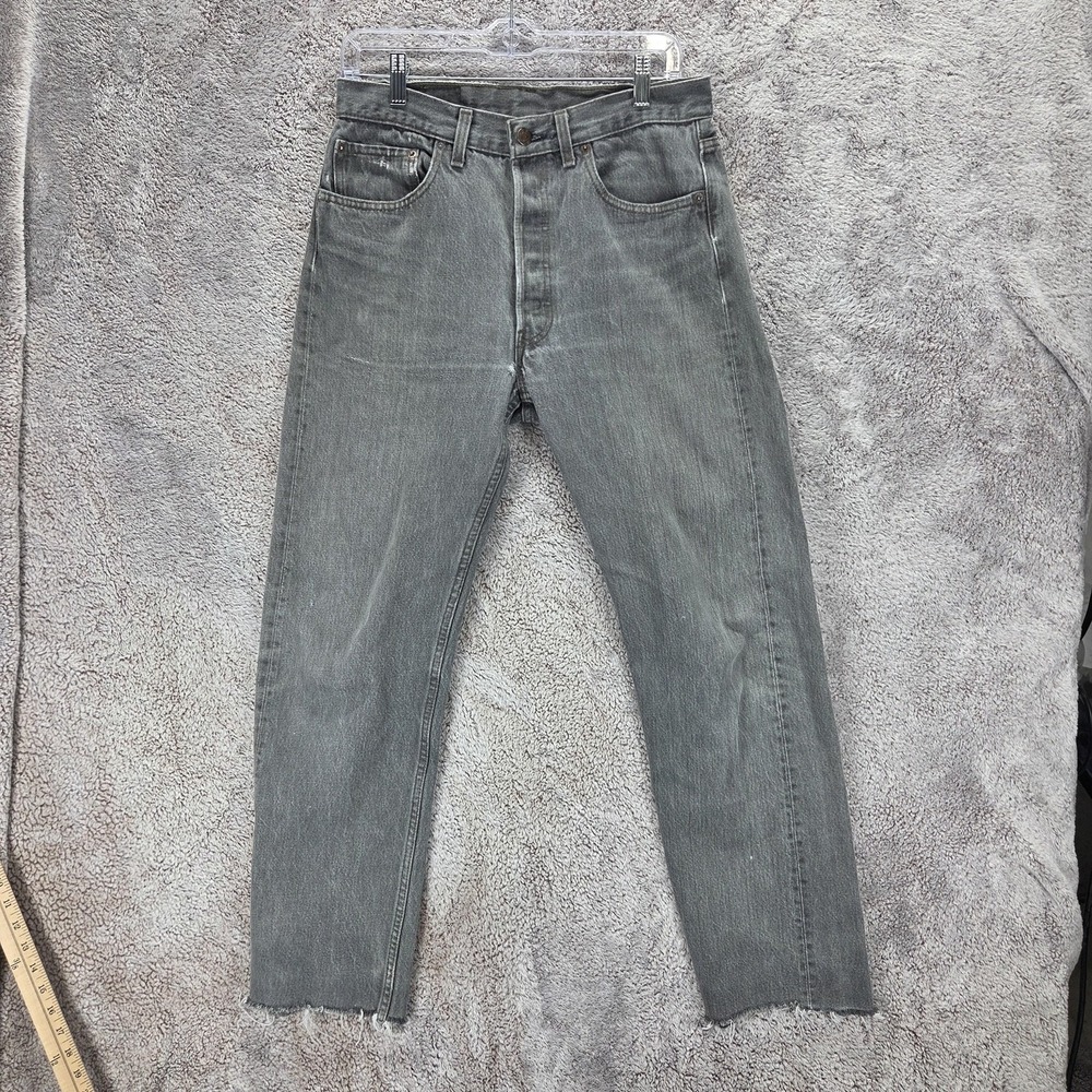 VTG Levis 501 Jeans Mens Gray Straight Button Fly Made in USA Raw Hem Fits 29x28